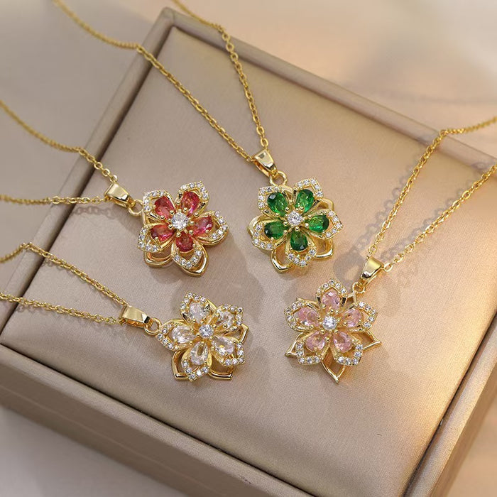 Wholesale Rotating zircon flower necklace, niche fashion new design, pendant temperament, titanium steel necklace