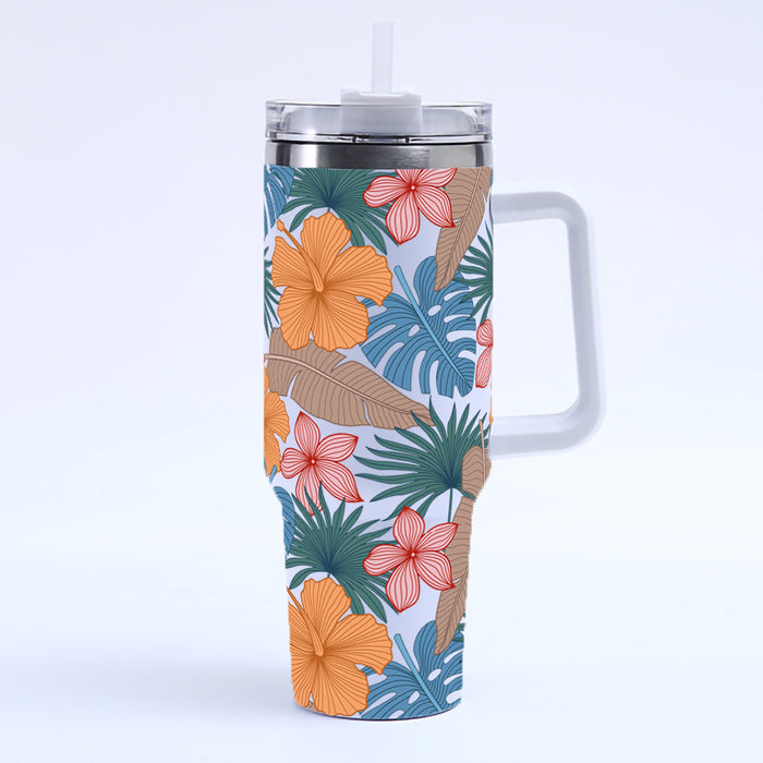 Wholesale Amazon Cross-Border 40oz Tropical Leaf Ice Cup Stainless Steel Thermal Insulation Car Cup Large Capacity with Handle