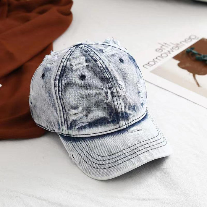 Wholesale British ripped hat, vintage distressed washed denim baseball cap, outdoor sun shading and sun protection, curved brim duckbill cap