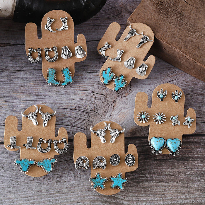 Wholesale Bull head boots,  hat,  earrings,  turquoise cactus four-piece set