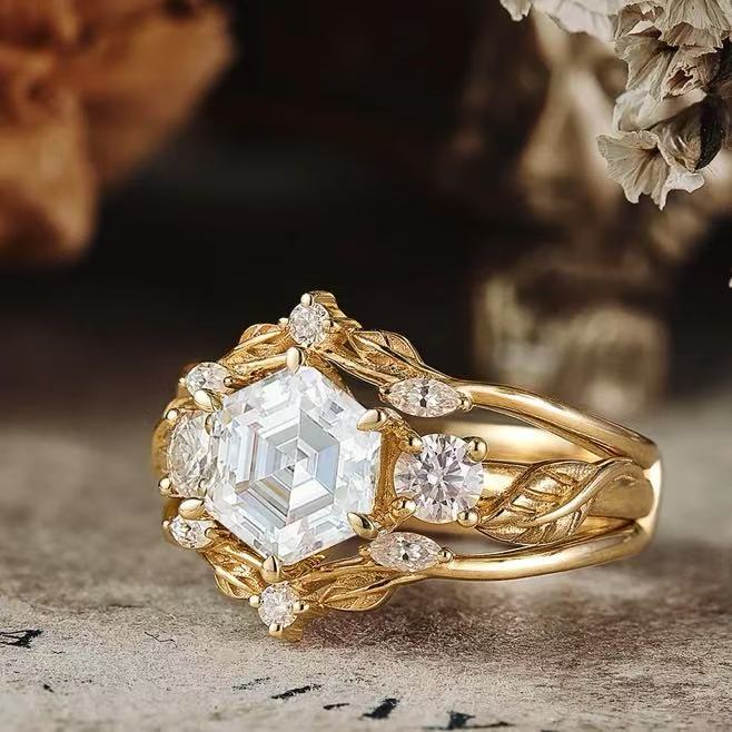 Wholesale Brushed open cross ring with gold plating and hexagonal white diamond inlay ring