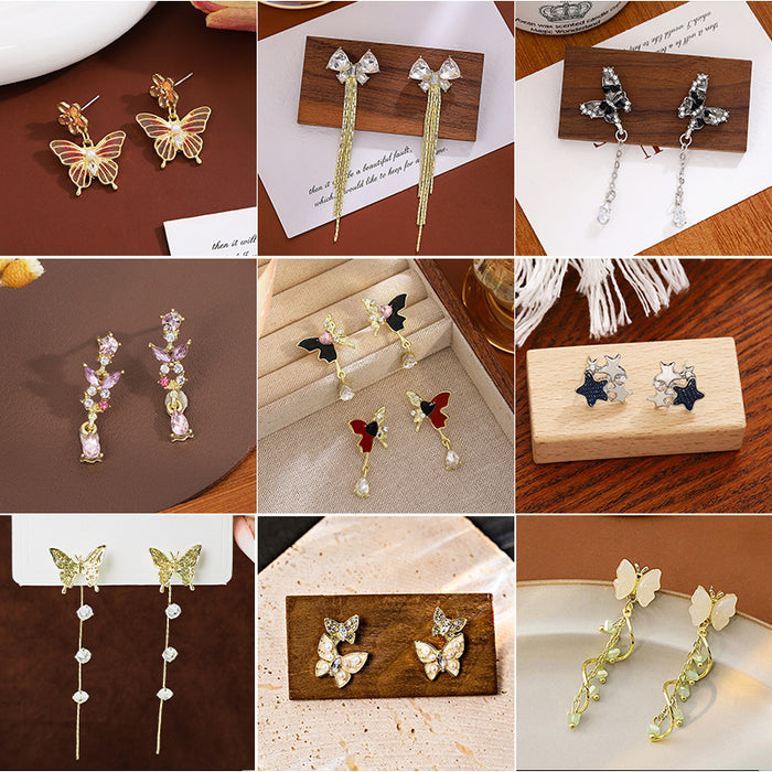 Wholesale Silver Butterfly Tassel Earrings High-end Earrings Elegant Diamond Pearl Long Earrings
