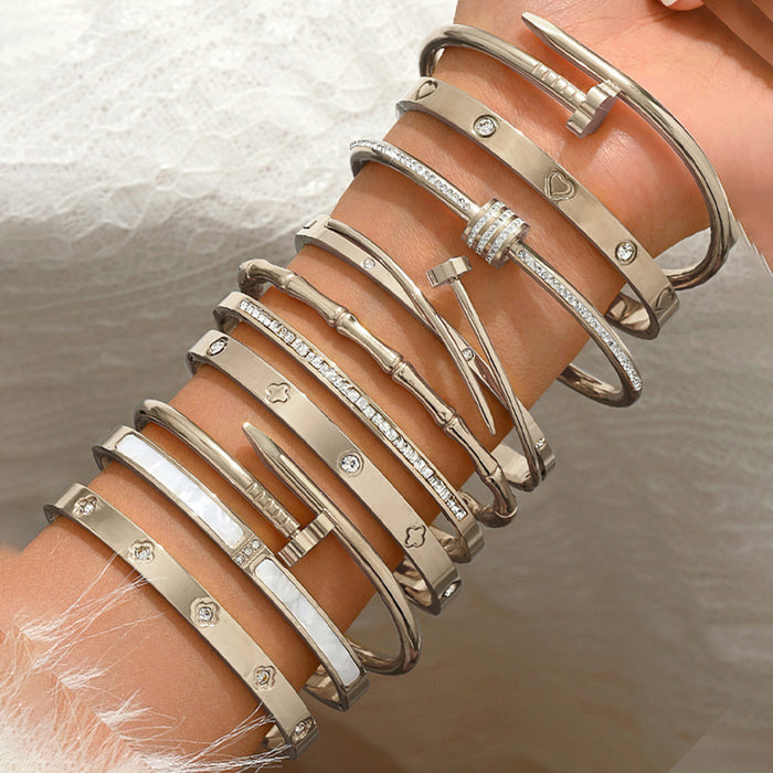 Wholesale Titanium Steel Rhinestone Clover Bangle Bracelet Set Gold And Silver Fashion Jewelry