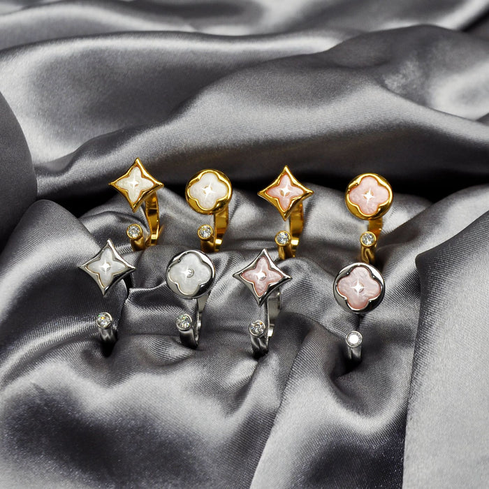 Wholesale Sharp flower round cake ring, light luxury mother of pearl plated 18K gold four leaf clover ring