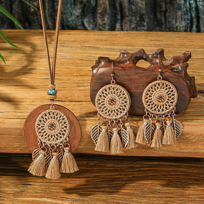 Wholesale Bohemian Dreamcatcher Tassel Earrings and Wooden Pendant Necklace Set