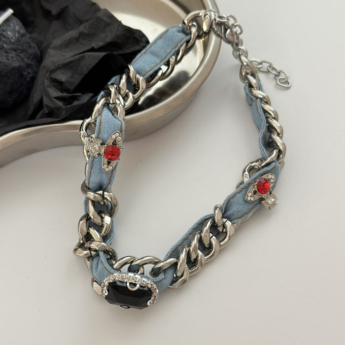 Wholesale Ruby and Sapphire Thick Chain Titanium Steel Necklace JDC-NE-HanD002