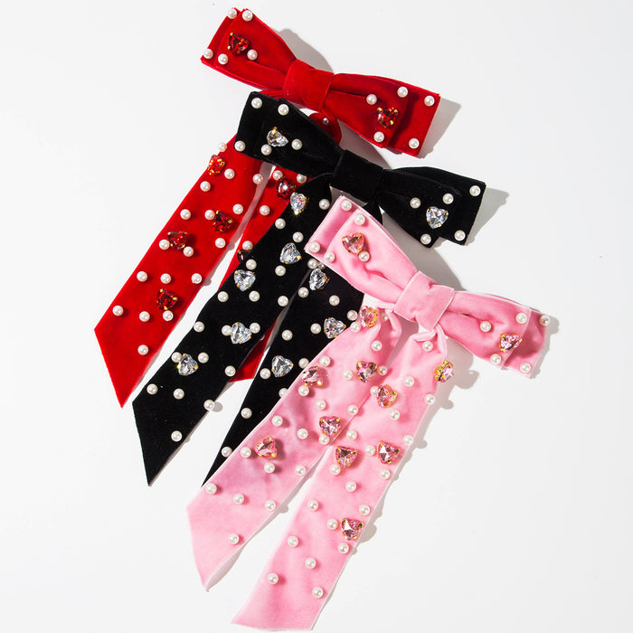 Wholesale Multi-layered bow-embellished heart-shaped rhinestone velvet hair clip