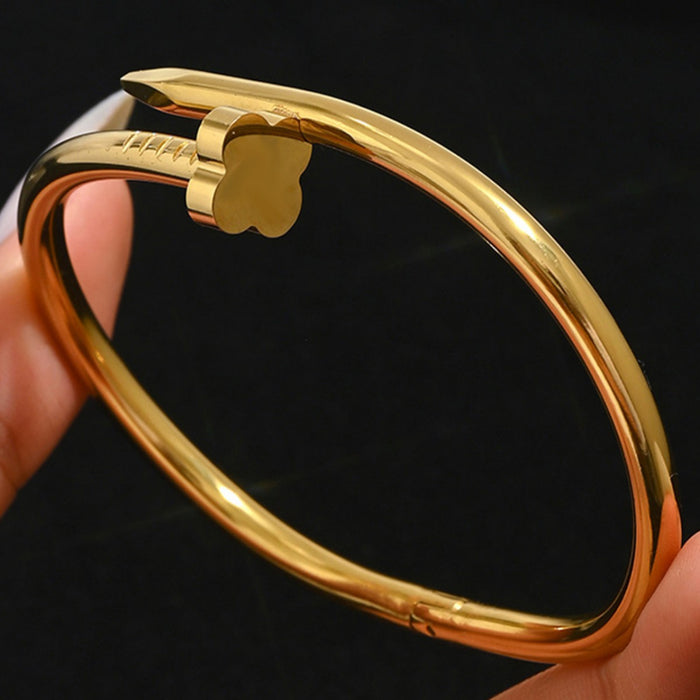 Wholesale Four Leaf Clover Rhinestone Open Cuff Bracelet Titanium Steel Gold Tone Stylish Fashion Accessory Gift Boutique Resale