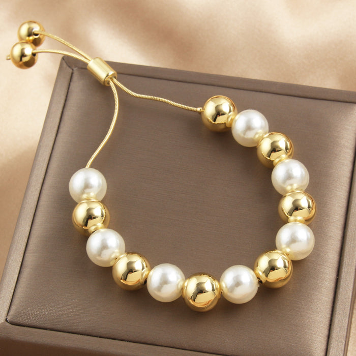 Wholesale Pearl Copper Plated 18k Gold Bracelet Pull-out Adjustable Bracelet JDC-BT-HongM002