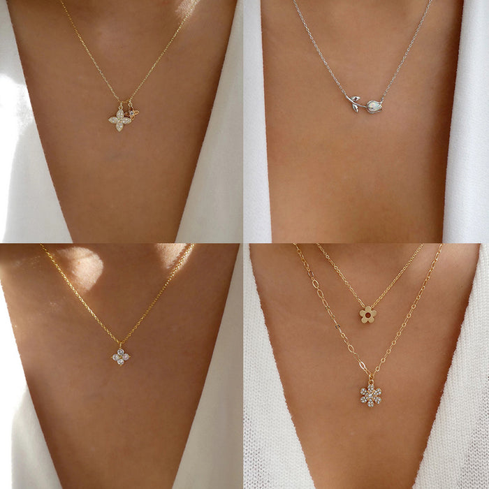 Wholesale Jewelry simple and versatile alloy diamond inlaid flower collarbone chain necklace pendant sweater chain