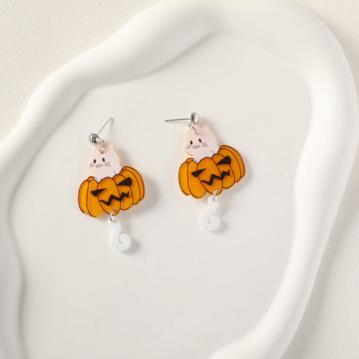 Wholesale Halloween Cute Pumpkin Monster Ghost Head Cat Ghost Tail Acrylic Printing Earrings JDC-ES-QingM002