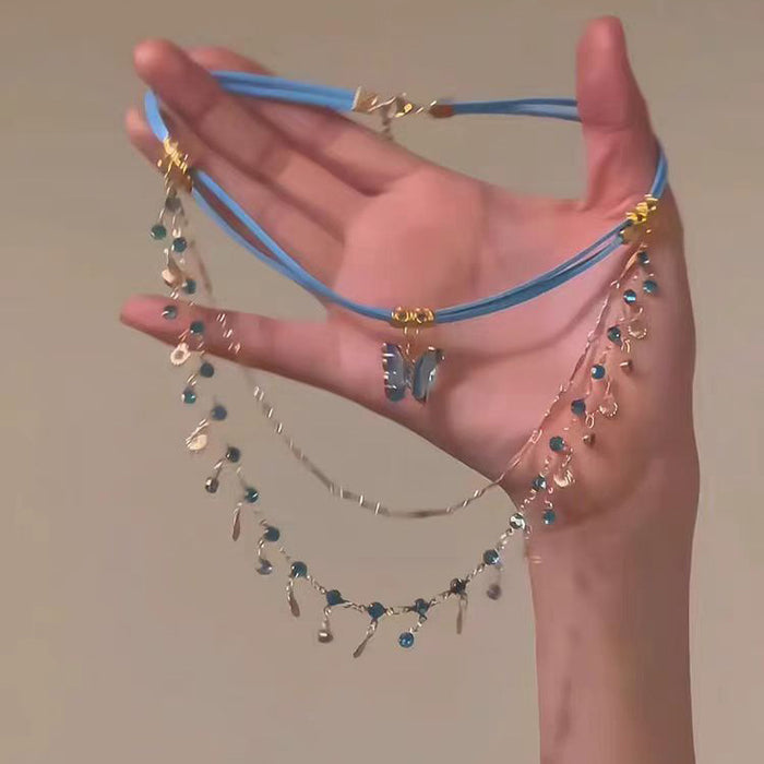 Wholesale Butterfly tassel necklace, double-layer layered versatile heart pendant, collarbone chain