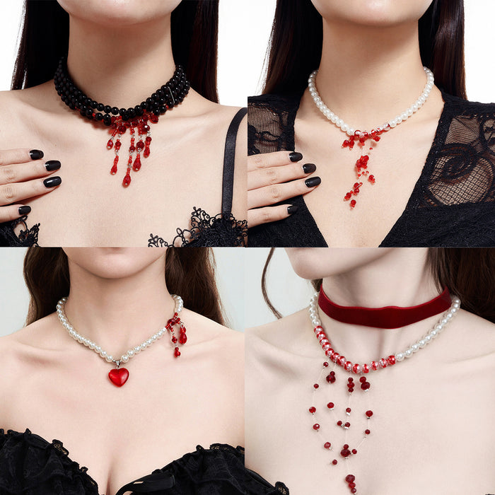 Wholesale Jewelry Gothic Pearl Necklace choker Halloween Blood Drops Tassel Crystal Clavicle Chain