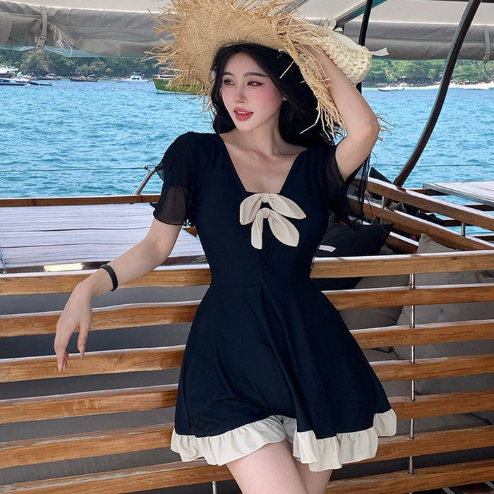 Wholesale Women's one-piece short sleeved swimsuit, bow tie, hot spring bath swimsuit