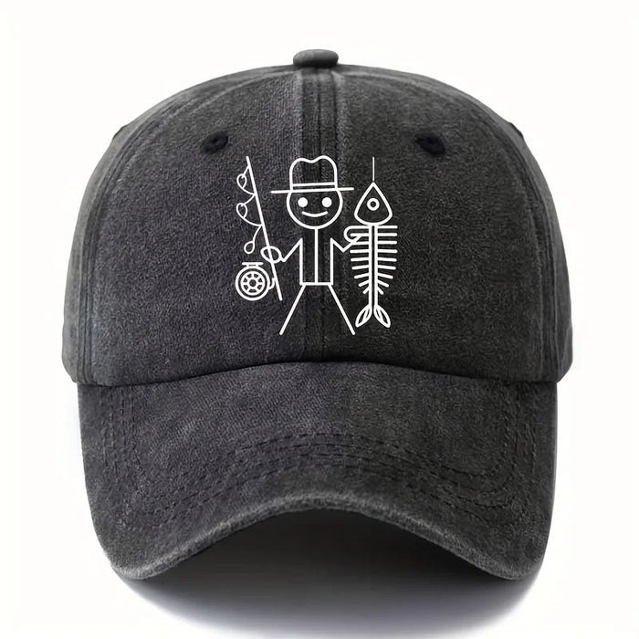 Wholesale Fun Fishing Stick Figure Fishbone Print Washed Baseball Cap Summer Sun Hat