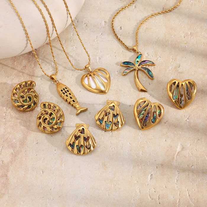 Wholesale Stainless Steel  Abalone Pattern Heart-Shaped Earrings Gold Plated Elegant Niche Light Luxury Necklace