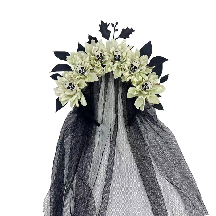 Wholesale Dark Style  Witch Mesh Headband With Skull Buckle And Faux Flower For Party Costume Accessory Resale