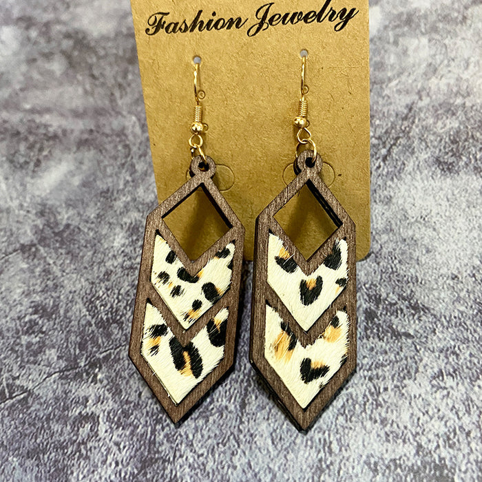 Wholesale Leopard print cow pattern genuine leather earrings Western geometric inlaid earrings hollow earrings
