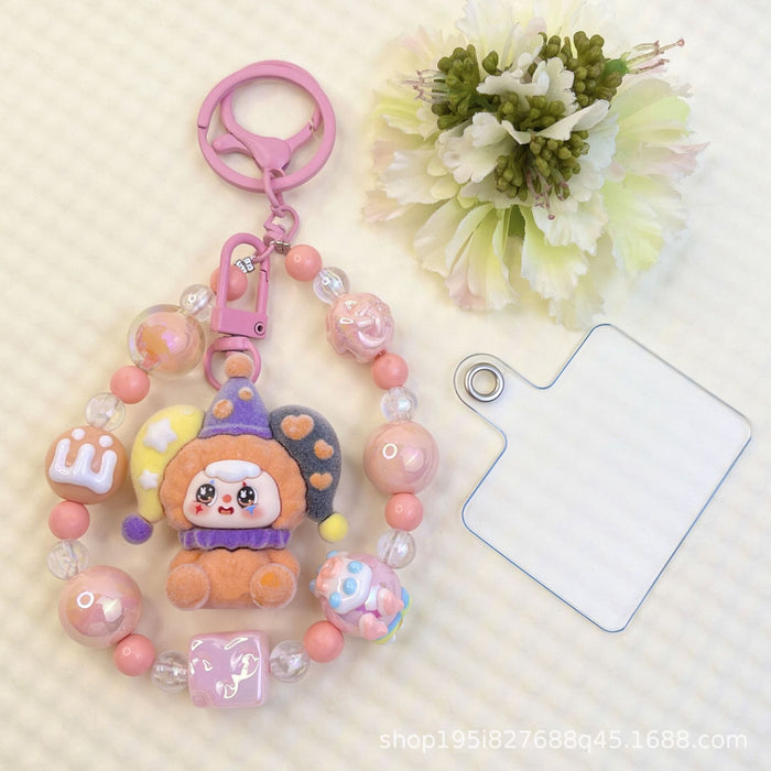 Wholesale Flocking sitting funny colorful beaded mobile phone chain keychain bag doll pendant accessories