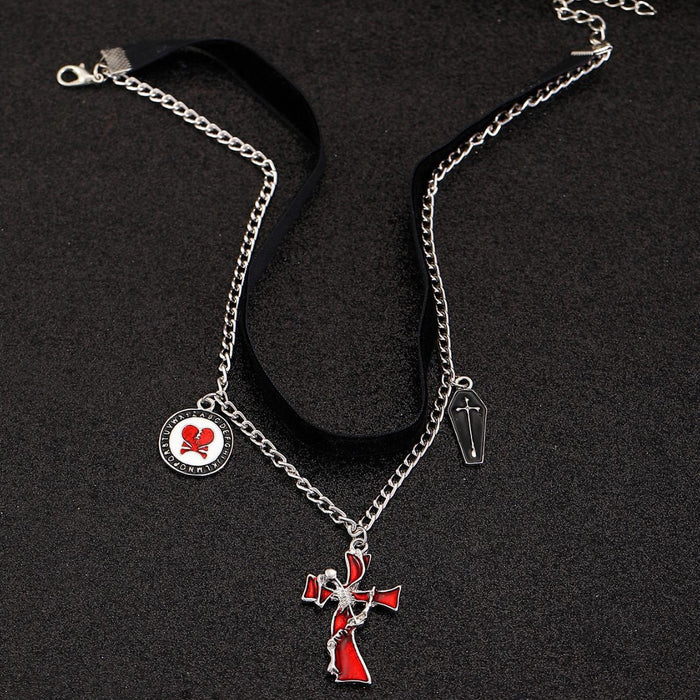 Wholesale Double-Layered Collarbone Chain Black Cross Personalized Fashion Pendant Pumpkin Skull