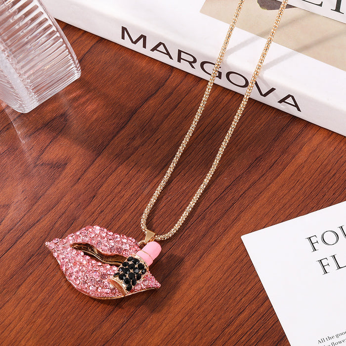 Wholesale Red Lips Rhinestone Zinc Alloy Sweater Chain Necklace