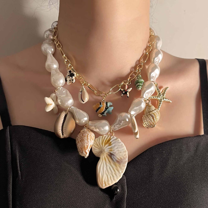 Wholesale Imitation pearl ceramic alloy conch shell double-layer stacked women's necklace