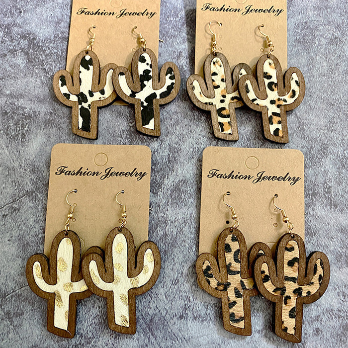 Wholesale Wood earrings dairy cow print leopard print leather horse hair inlaid cactus earrings