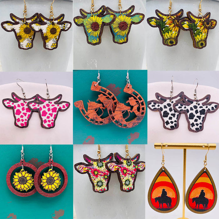 Wholesale Retro Wooden Earrings Western Denim Series Cowhead Sunflower Boho Earrings