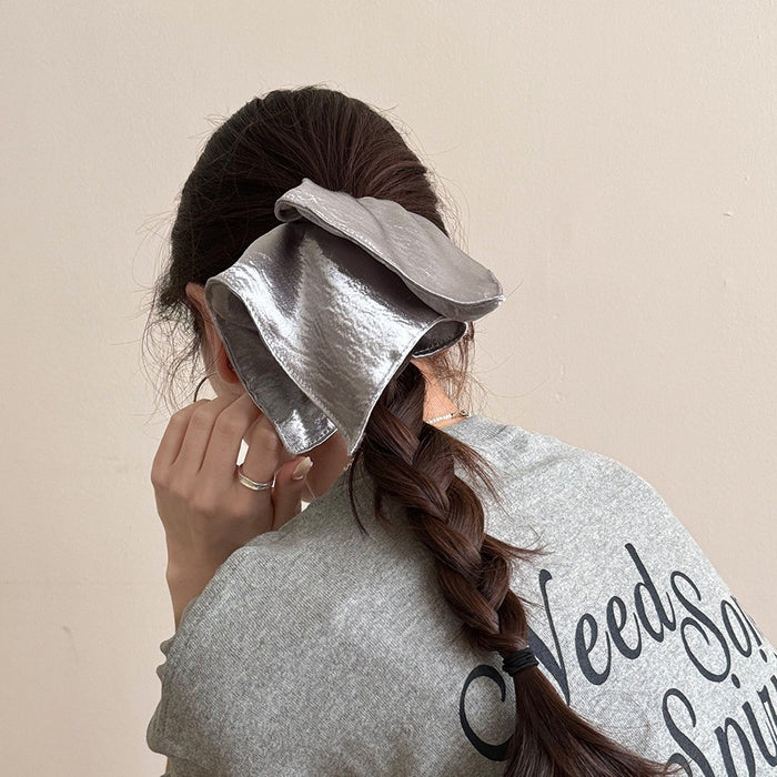 Wholesale Bright silk fabric silver square scarf headband, low ponytail headband, oversized retro square headpiece headband