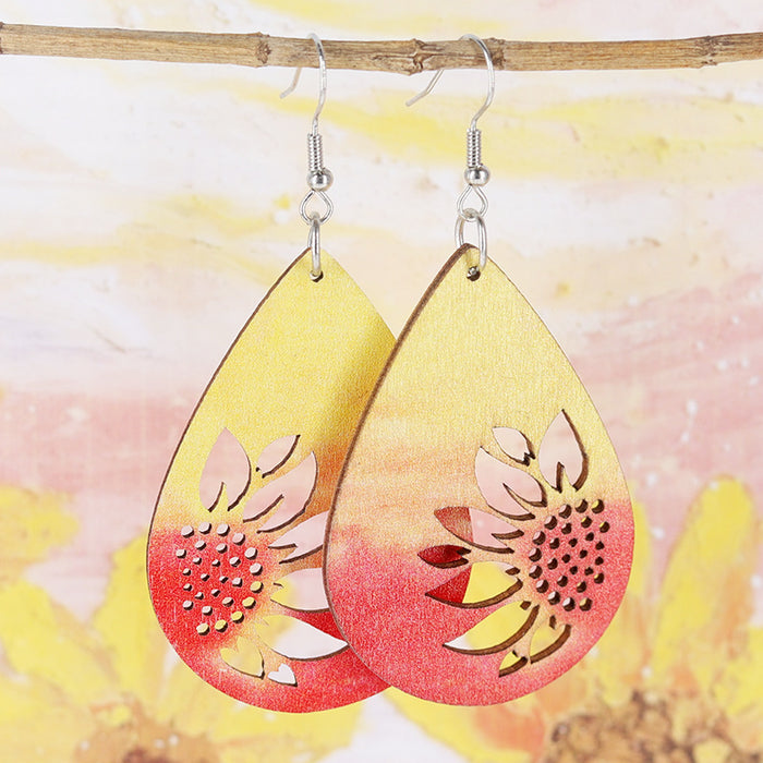 Wholesale Bohemian Resort Style Multicolour Sunflower Cut Out Wooden Earrings for Women