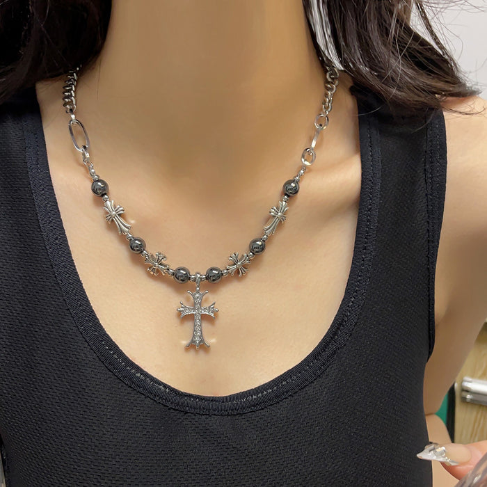 Wholesale Small niche design titanium steel zircon cross splicing necklace, sweet and versatile sweater chain