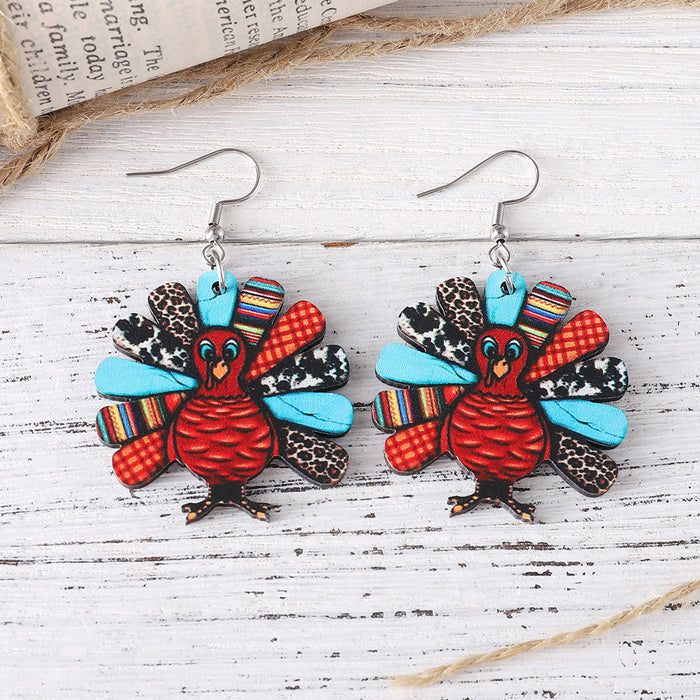 Wholesale Thanksgiving Leopard Print Turkey Pendant Earrings Wooden Double-Sided Autumn Harvest Thanksgiving Party Earrings