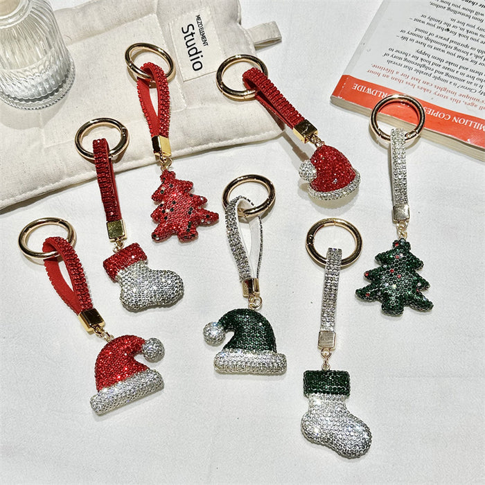Wholesale Full Rhinestone Christmas Keychain Cartoon Christmas Tree Metal Key Ring
