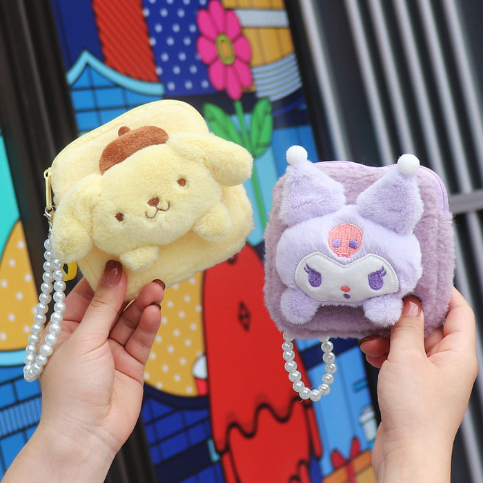 Wholesale Trendy Plush Animal Head Zipper Coin Purse With Beaded Wrist Strap Cute Gift