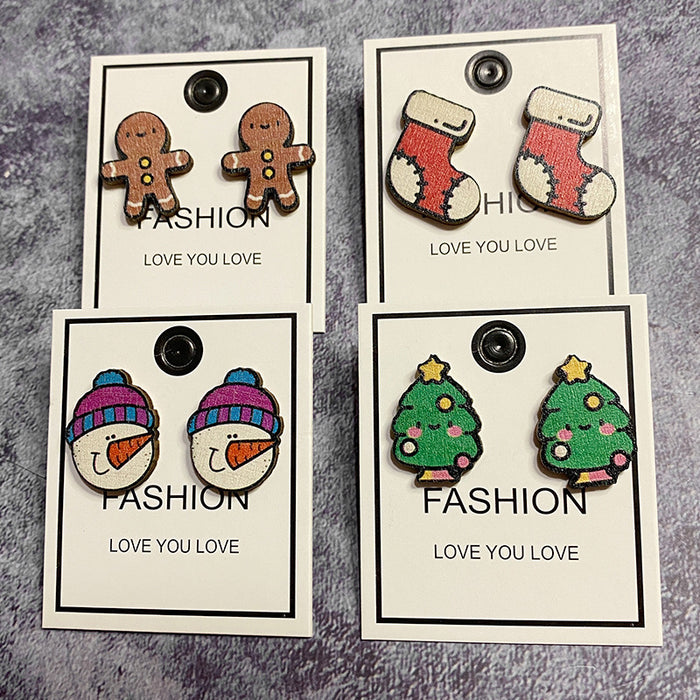 Wholesale Christmas wood earrings supply Christmas tree snowman exaggerated