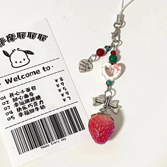 Wholesale Girly Beaded Strawberry Mobile Phone Chain School Bag Pendant Hanging Chain Bow