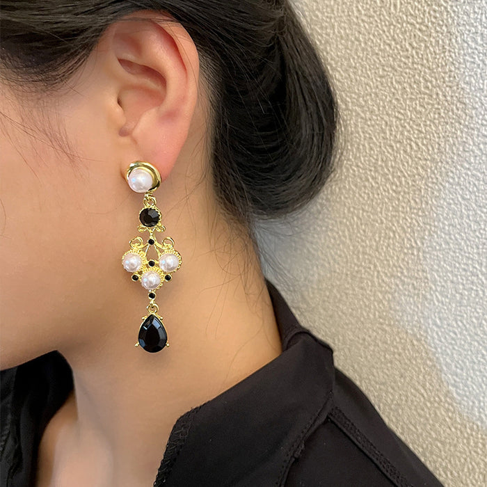 Wholesale Silver Needle Light Luxury Retro Fashionable Pearl Earrings Black Diamond Water Drop Earrings