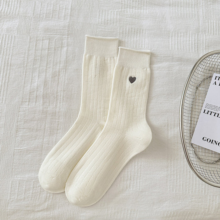Wholesale Socks with rolled edges, embroidered hearts, simple vertical stripes, versatile stacking socks