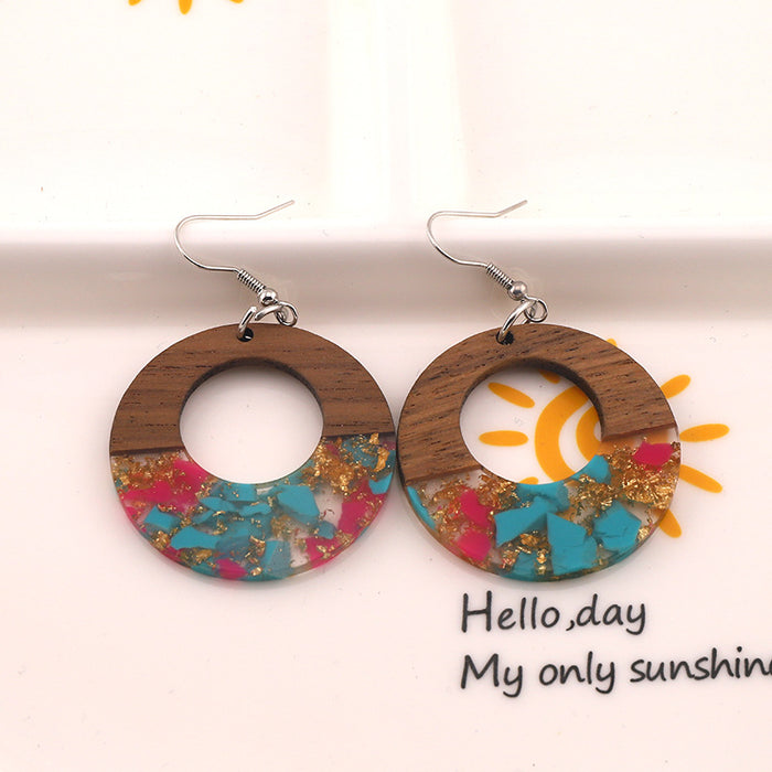 Wholesale Round Hollow Resin Crushed Natural Stone Gold Foil Wooden Earrings JDC-ES-Dagou002