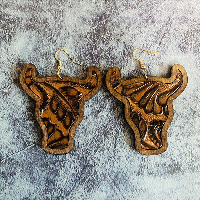 Wholesale Western leather earrings retro cow' s head Classic water droplets inlaid wooden earrings jewelry