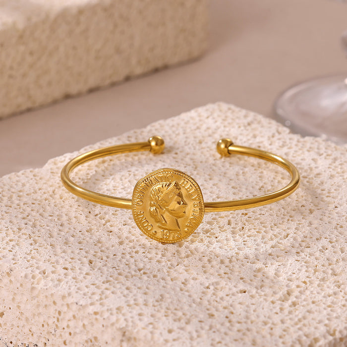 Wholesale Portrait coin 18K gold bracelet stainless steel jewelry small figure round pendant tag
