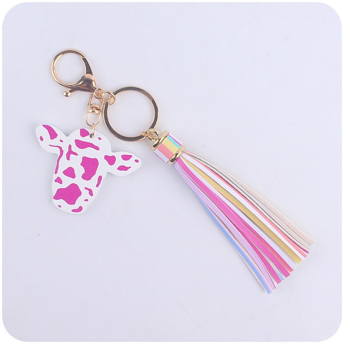Wholesale Cartoon Western Bull Head Wooden Pendant Creative Colorful Long Tassel Key Ring Pendant