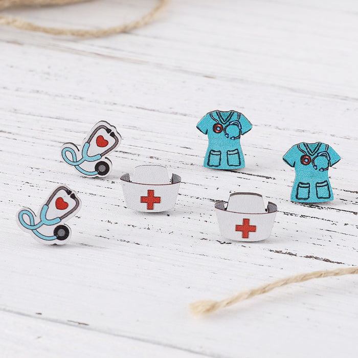 Wholesale Nurse' s Day Stethoscope Nurse Cute Heart and Lung Organs Earrings suit Wooden Earrings Earrings Gift