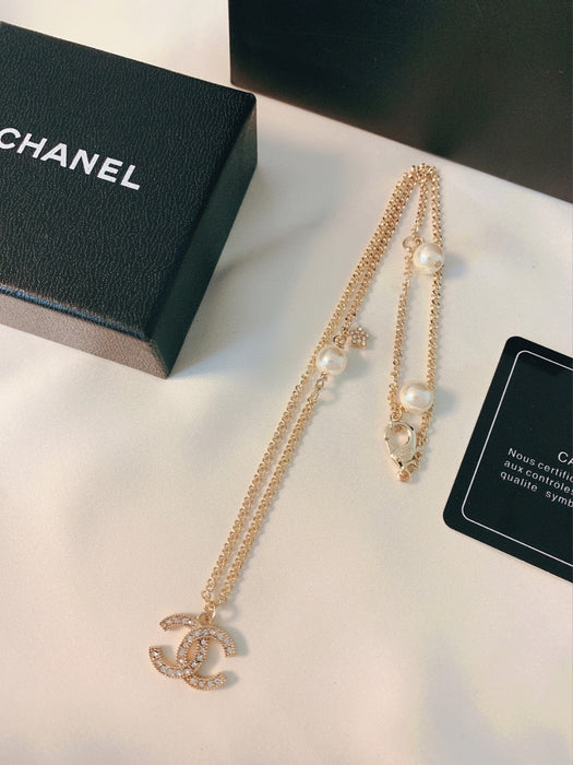 Wholesale Double C letter enamel camellia pearl long necklace