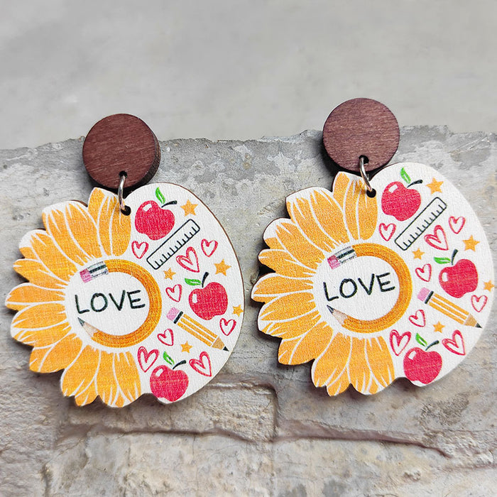 Wholesale Earrings Wooden Pencil Apple Sunflower 2 Pairs JDC-ES-Heyi061