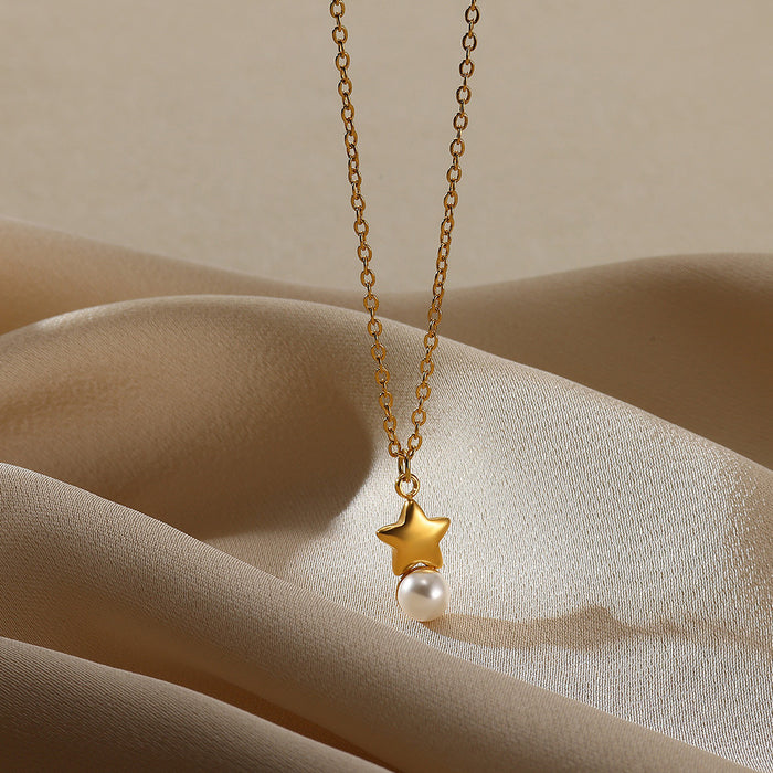 Wholesale gold stainless steel zircon pearl necklace love pendant