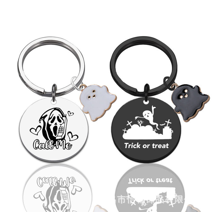 Wholesale  Ghost Stainless Steel Keychain Laser Engraved Round 30mm Gift for Couple Acce MOQ:2ssory