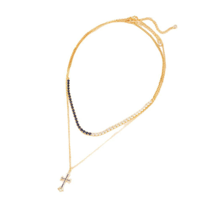 Wholesale Double color fashion versatile double cross pendant necklace exquisite diamond cross pendant chain