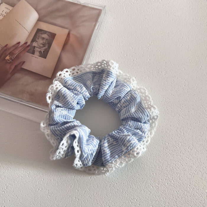 Wholesale Fresh blue striped embroidery floral lace lace hair loop hair tie hair accessory