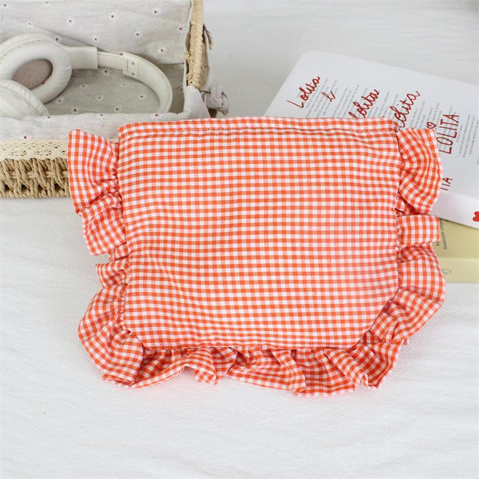 Wholesale Yellow Gingham Ruffle Trim Makeup Bag Large Capacity Portable Cosmetic Organizer For Everyday Use And Boutique Resale